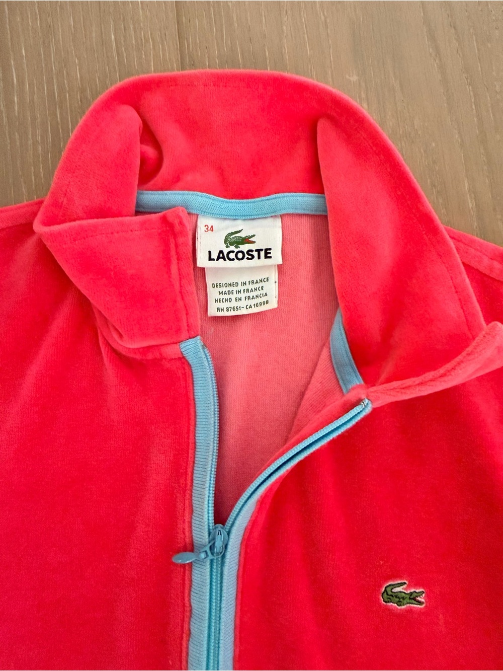 Lacoste Bright Pink Velour Zip-Up polo with Light Blue Trim
